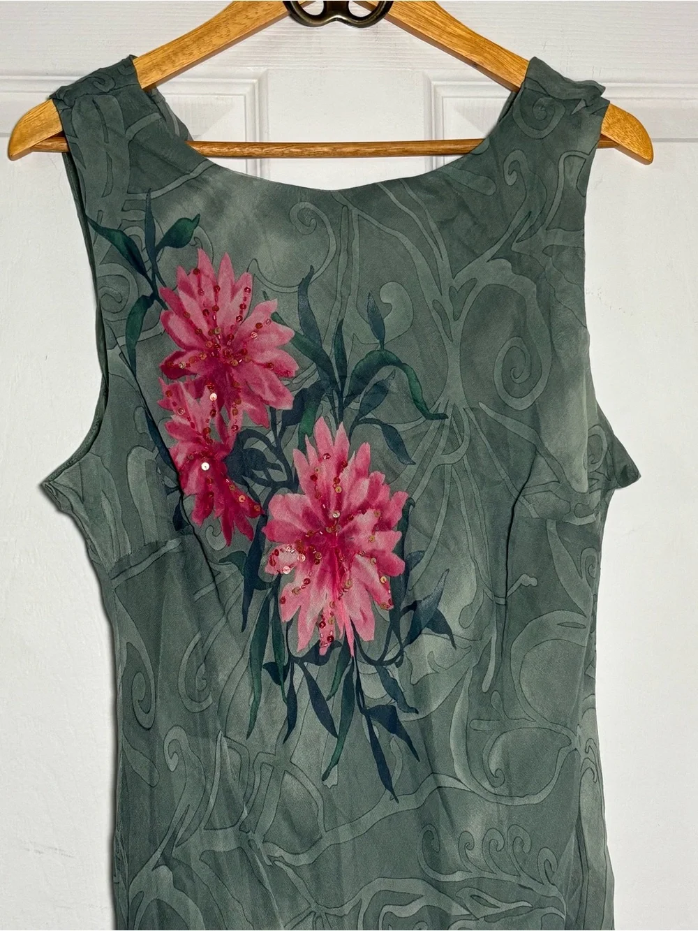 Vintage 90s 100% Silk Dress Women’s 14 Fairy Chiffon Sage Green Romantic Y2K